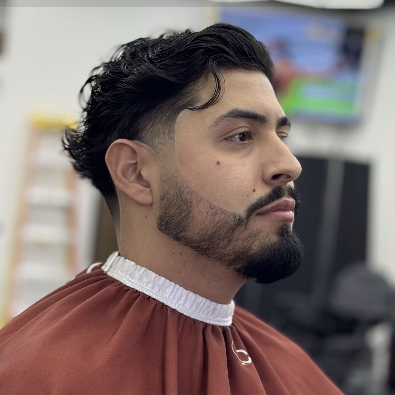 Textured crop and lined beard, rust cape.